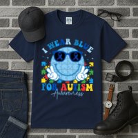 I Wear Blue For Autism Awareness Month Smile Face Peace Puzzle Tall T-Shirt