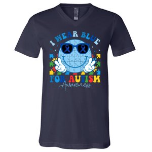 I Wear Blue For Autism Awareness Month Smile Face Peace Puzzle V-Neck T-Shirt