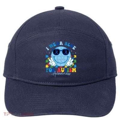 I Wear Blue For Autism Awareness Month Smile Face Peace Puzzle 7-Panel Snapback Hat