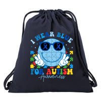 I Wear Blue For Autism Awareness Month Smile Face Peace Puzzle Drawstring Bag