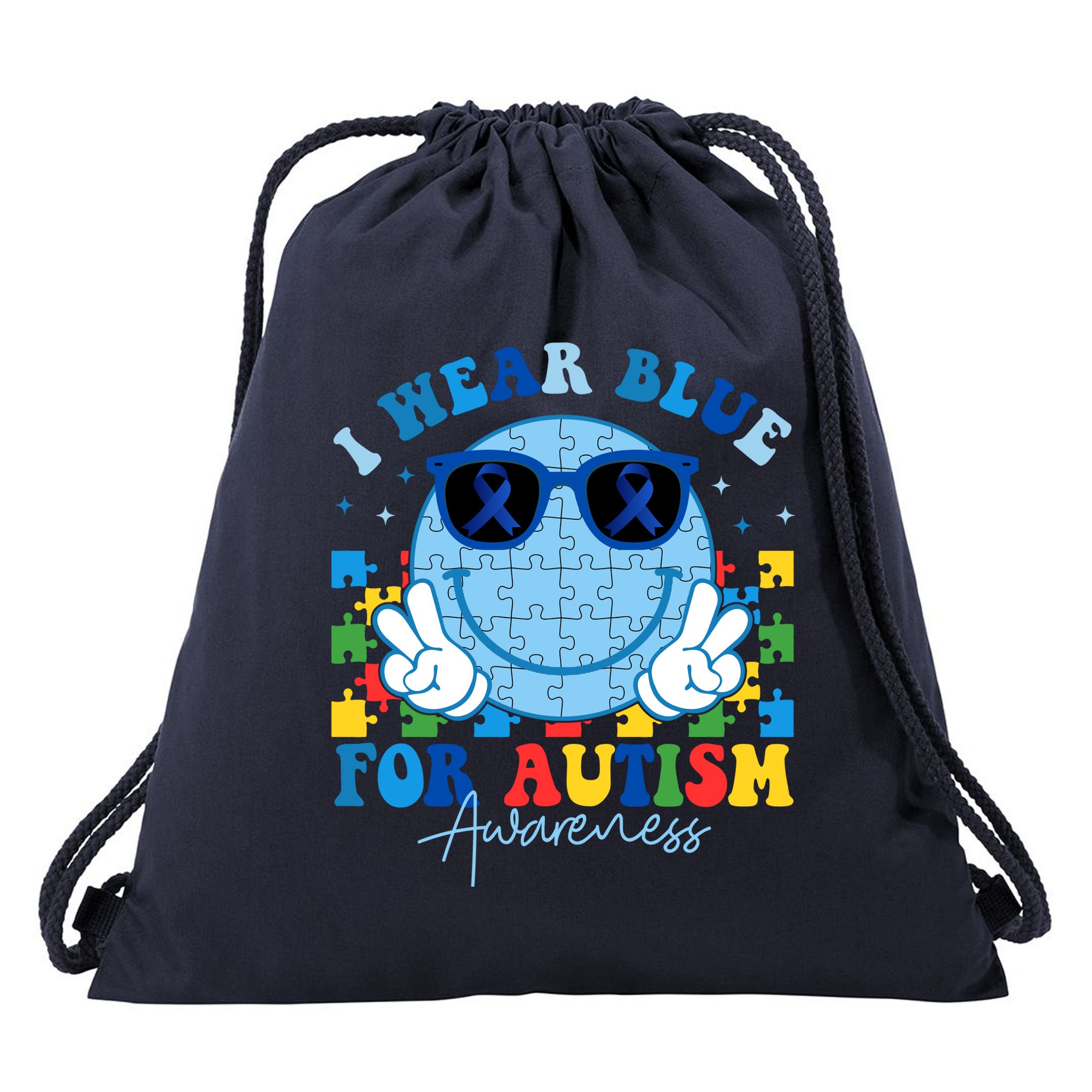 I Wear Blue For Autism Awareness Month Smile Face Peace Puzzle Drawstring Bag