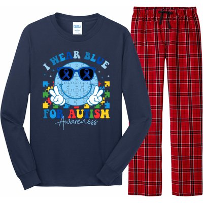 I Wear Blue For Autism Awareness Month Smile Face Peace Puzzle Long Sleeve Pajama Set