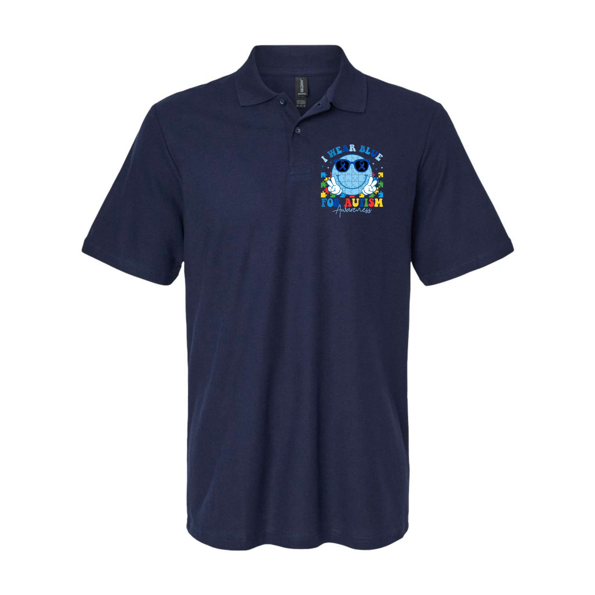 I Wear Blue For Autism Awareness Month Smile Face Peace Puzzle Polo