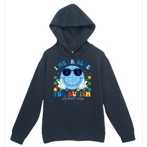 I Wear Blue For Autism Awareness Month Smile Face Peace Puzzle Urban Pullover Hoodie