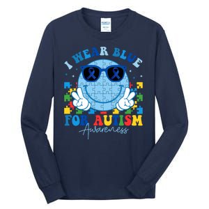 I Wear Blue For Autism Awareness Month Smile Face Peace Puzzle Tall Long Sleeve T-Shirt