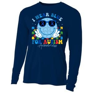 I Wear Blue For Autism Awareness Month Smile Face Peace Puzzle Cooling Performance Long Sleeve Crew