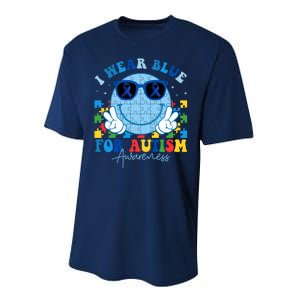 I Wear Blue For Autism Awareness Month Smile Face Peace Puzzle Performance Sprint T-Shirt