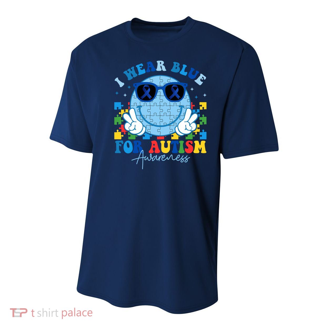 I Wear Blue For Autism Awareness Month Smile Face Peace Puzzle Youth Performance Sprint T-Shirt