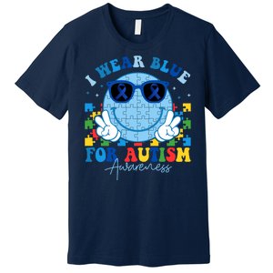 I Wear Blue For Autism Awareness Month Smile Face Peace Puzzle Premium T-Shirt