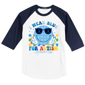 I Wear Blue For Autism Awareness Month Smile Face Peace Puzzle Baseball Sleeve Shirt