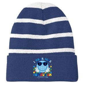 I Wear Blue For Autism Awareness Month Smile Face Peace Puzzle Striped Beanie with Solid Band