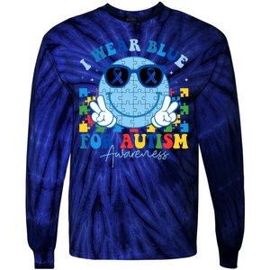 I Wear Blue For Autism Awareness Month Smile Face Peace Puzzle Tie-Dye Long Sleeve Shirt