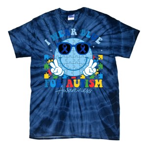 I Wear Blue For Autism Awareness Month Smile Face Peace Puzzle Tie-Dye T-Shirt