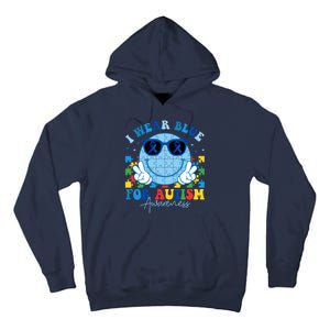 I Wear Blue For Autism Awareness Month Smile Face Peace Puzzle Tall Hoodie