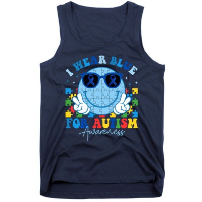 I Wear Blue For Autism Awareness Month Smile Face Peace Puzzle Tank Top