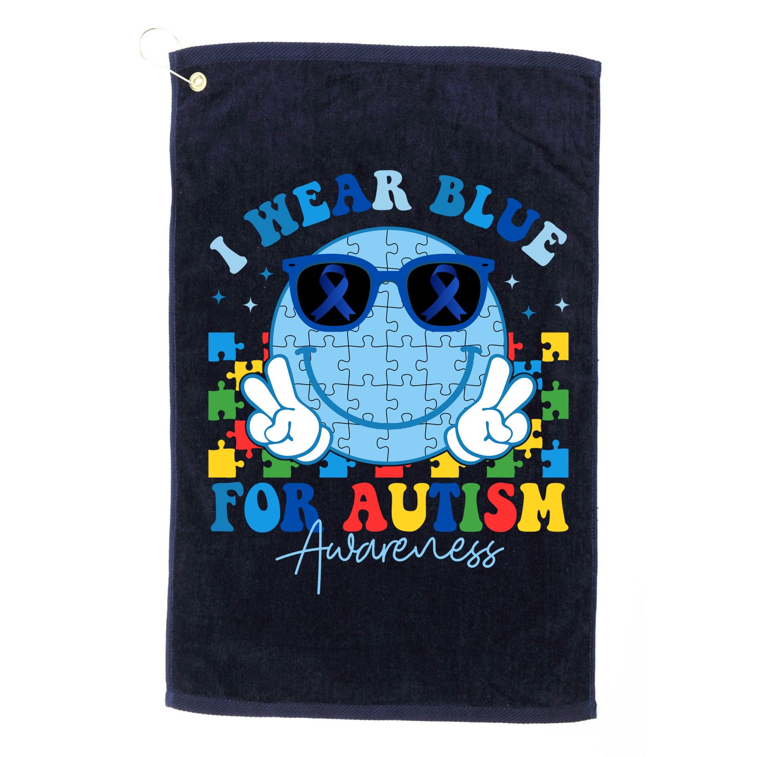 I Wear Blue For Autism Awareness Month Smile Face Peace Puzzle Golf Towel