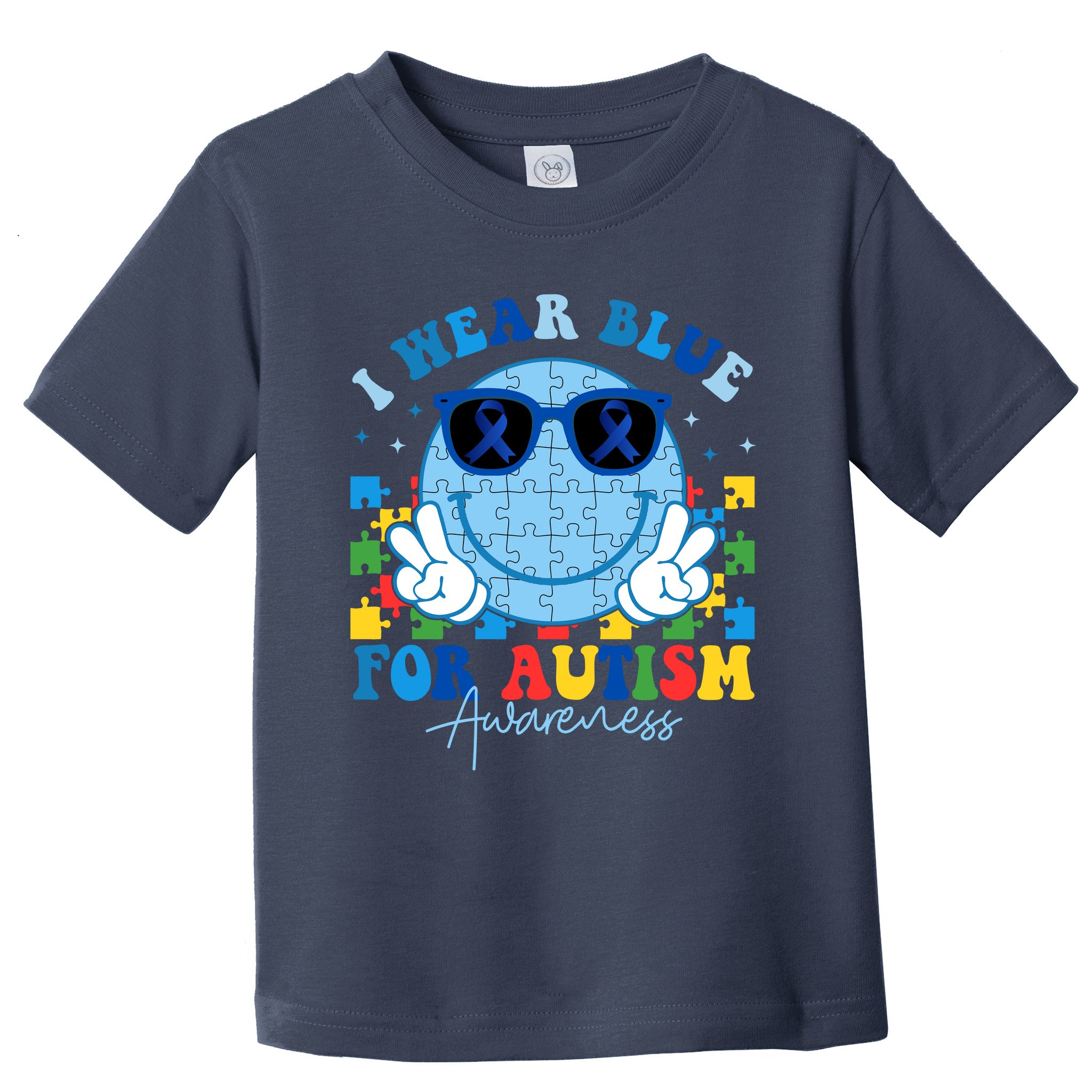 I Wear Blue For Autism Awareness Month Smile Face Peace Puzzle Toddler T-Shirt