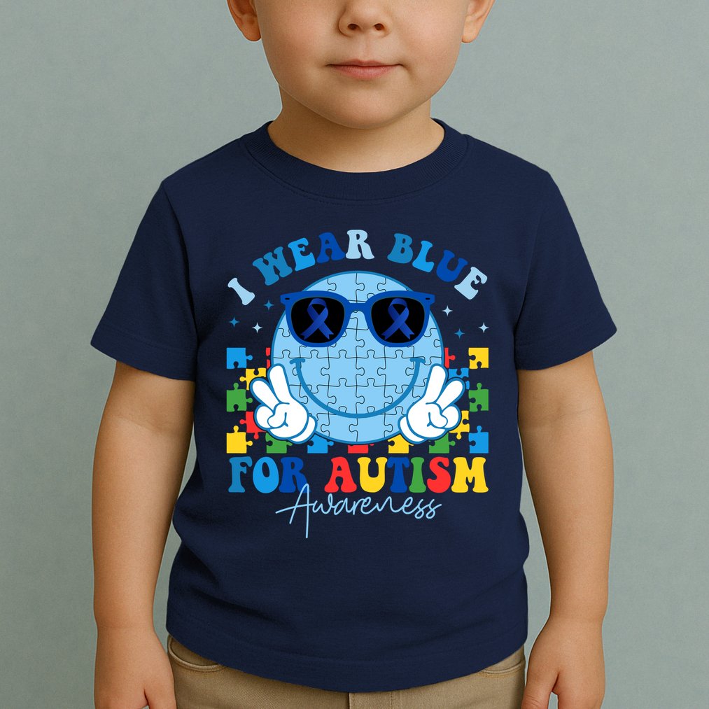 I Wear Blue For Autism Awareness Month Smile Face Peace Puzzle Toddler T-Shirt
