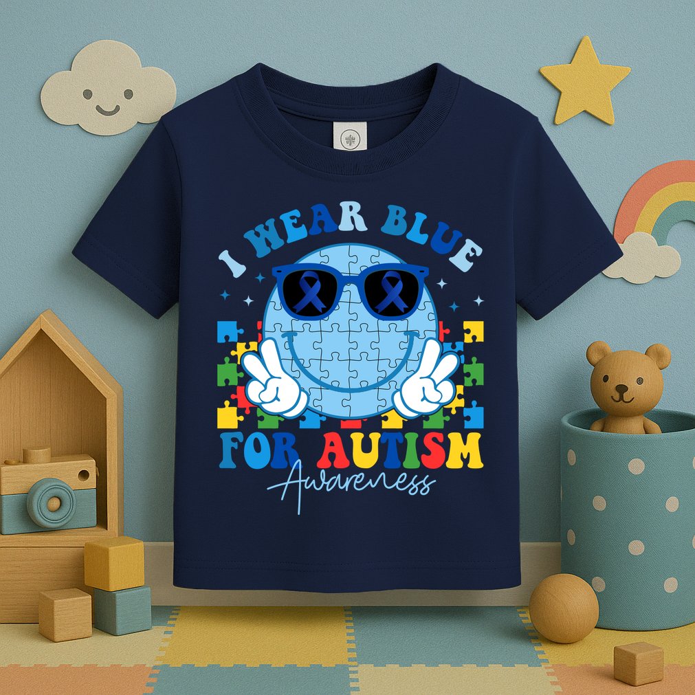 I Wear Blue For Autism Awareness Month Smile Face Peace Puzzle Toddler T-Shirt