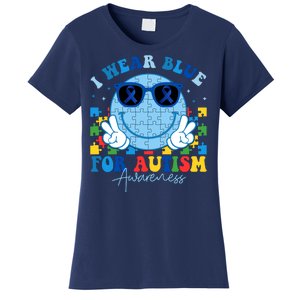 I Wear Blue For Autism Awareness Month Smile Face Peace Puzzle Women's T-Shirt