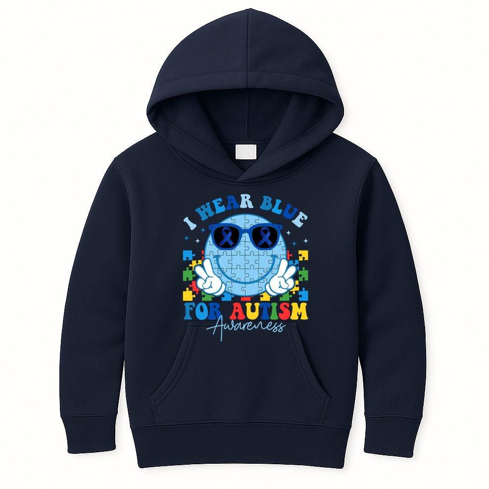 I Wear Blue For Autism Awareness Month Smile Face Peace Puzzle Kids Hoodie
