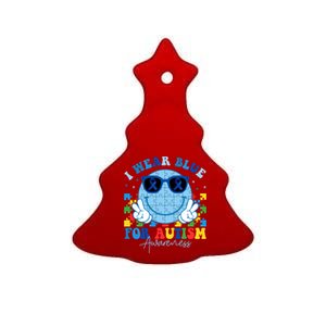 I Wear Blue For Autism Awareness Month Smile Face Peace Puzzle Ceramic Tree Ornament