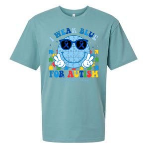 I Wear Blue For Autism Awareness Month Smile Face Peace Puzzle Sueded Cloud Jersey T-Shirt