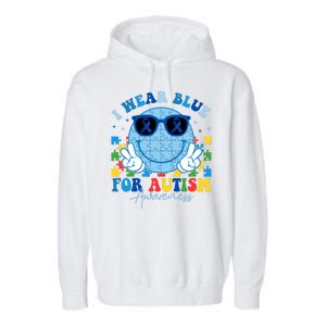 I Wear Blue For Autism Awareness Month Smile Face Peace Puzzle Garment-Dyed Fleece Hoodie