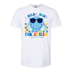 I Wear Blue For Autism Awareness Month Smile Face Peace Puzzle Softstyle CVC T-Shirt