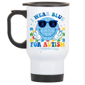 I Wear Blue For Autism Awareness Month Smile Face Peace Puzzle Stainless Steel Travel Mug