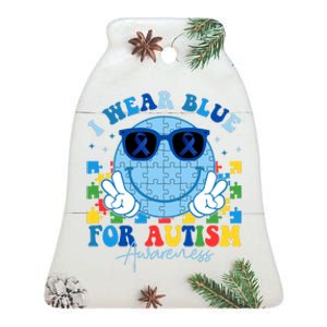 I Wear Blue For Autism Awareness Month Smile Face Peace Puzzle Ceramic Bell Ornament