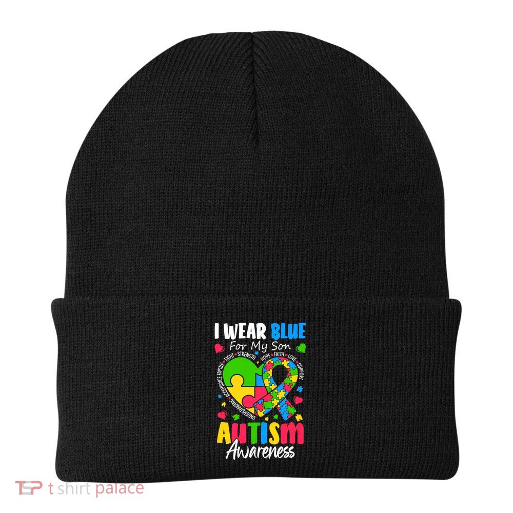 I Wear Blue For my son Autism Awareness men women kids mom Beanie