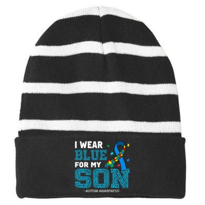 I Wear Blue For My Son Autism Awareness Month Striped Beanie with Solid Band