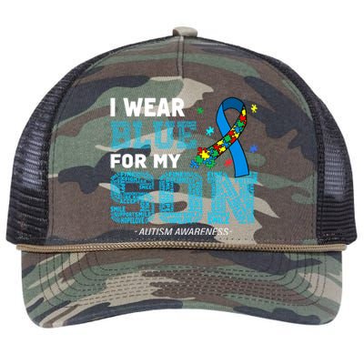 I Wear Blue For My Son Autism Awareness Month Retro Rope Trucker Hat Cap