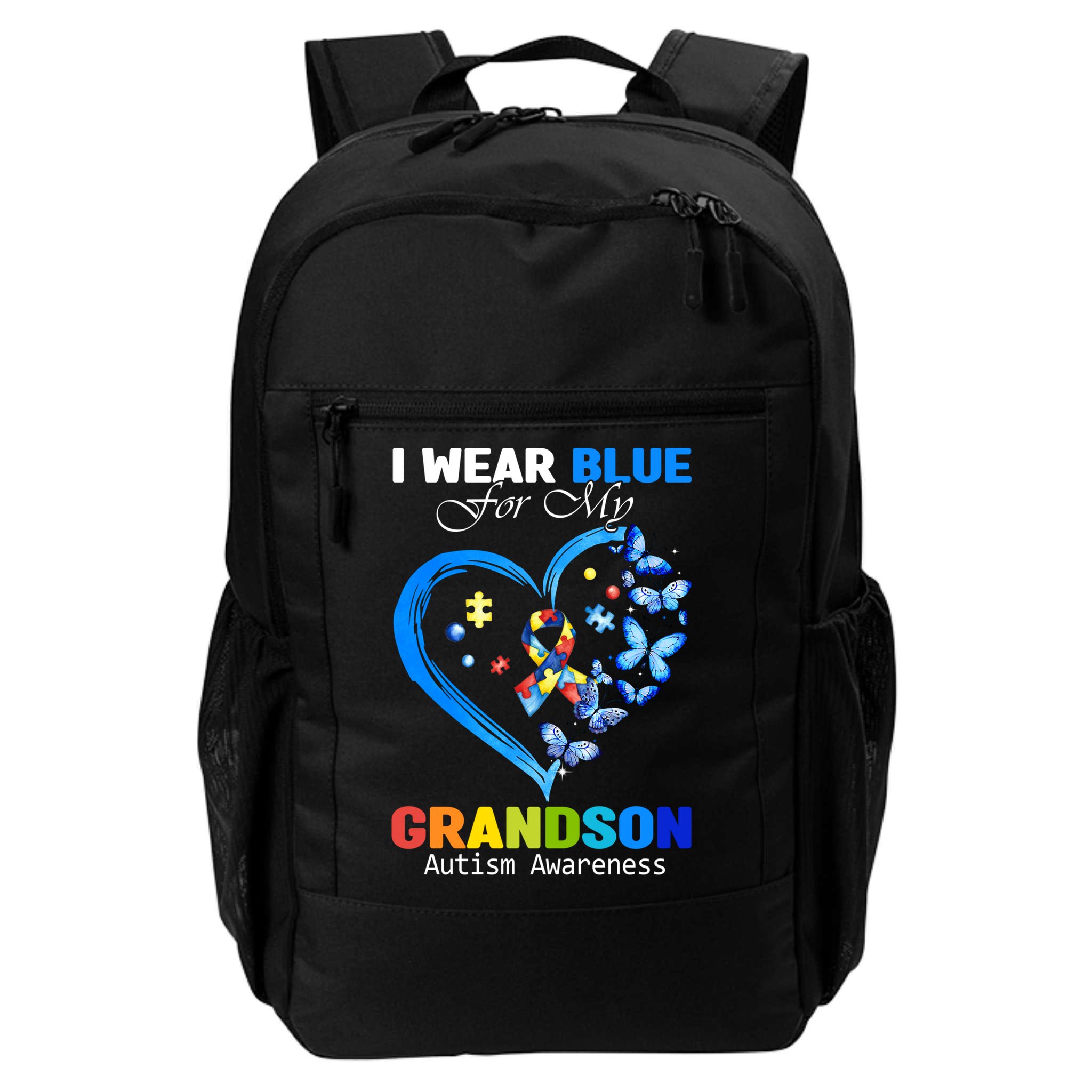 I Wear Blue For My Grandson Autism Awareness Heart Ribbon Gift Backpack