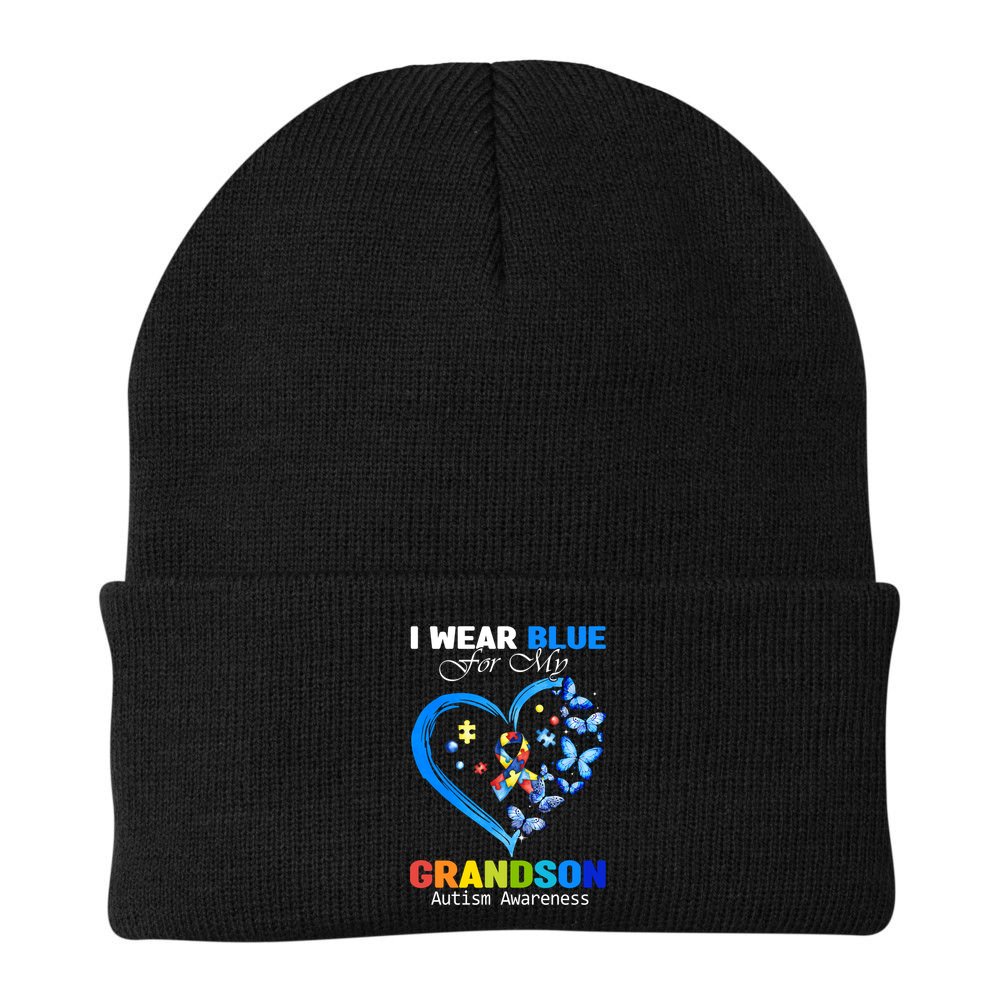 I Wear Blue For My Grandson Autism Awareness Heart Ribbon Gift Beanie
