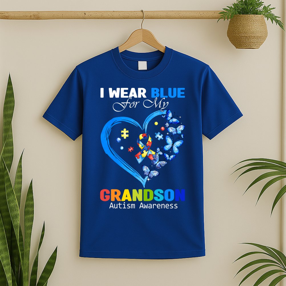 I Wear Blue For My Grandson Autism Awareness Heart Ribbon Gift T-Shirt