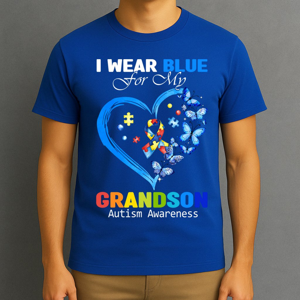 I Wear Blue For My Grandson Autism Awareness Heart Ribbon Gift T-Shirt