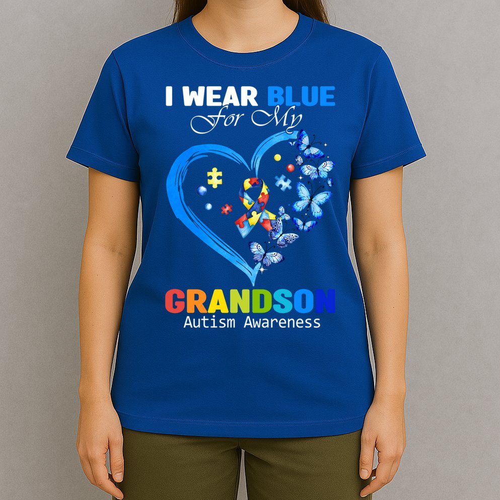 I Wear Blue For My Grandson Autism Awareness Heart Ribbon Gift T-Shirt