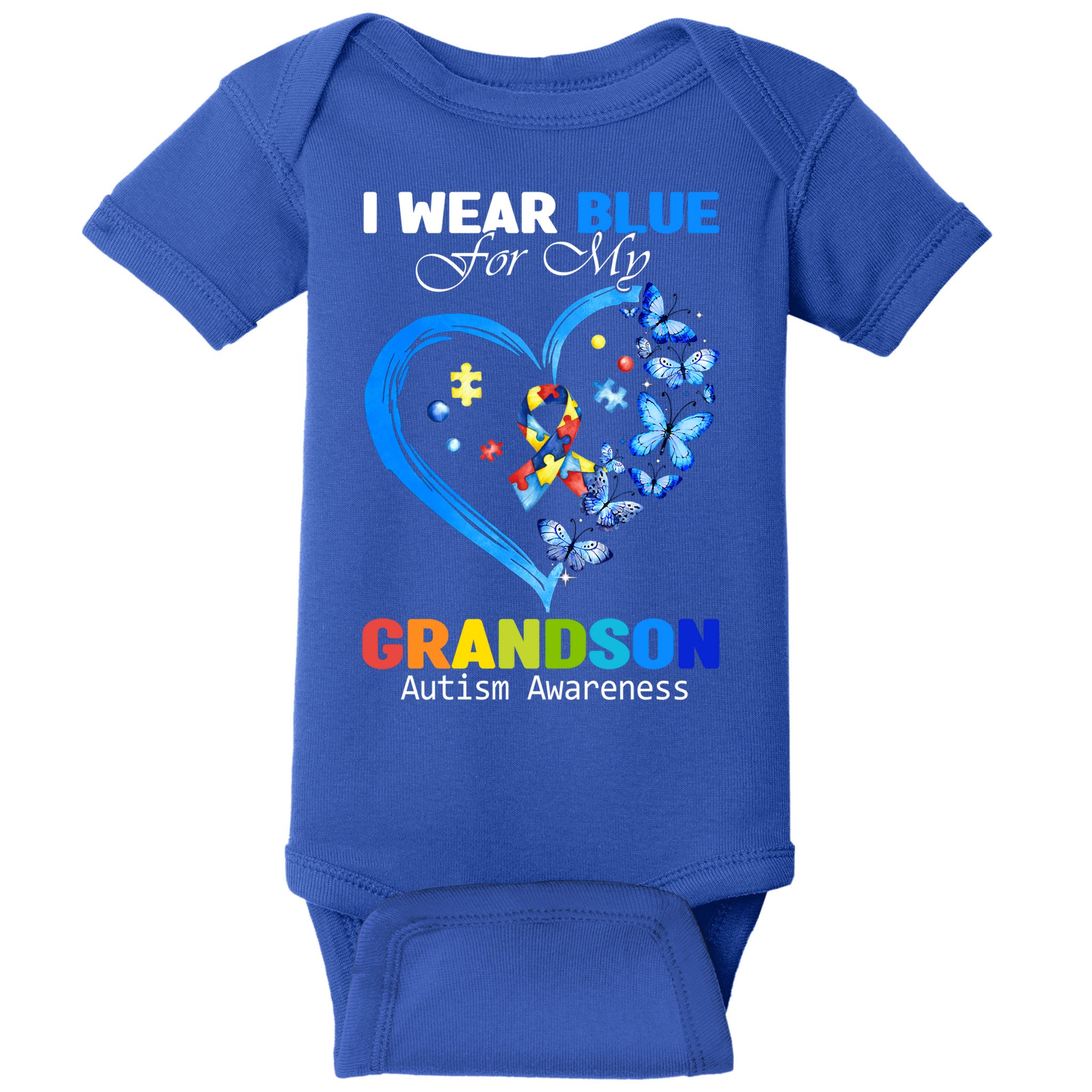 I Wear Blue For My Grandson Autism Awareness Heart Ribbon Gift Baby Bodysuit