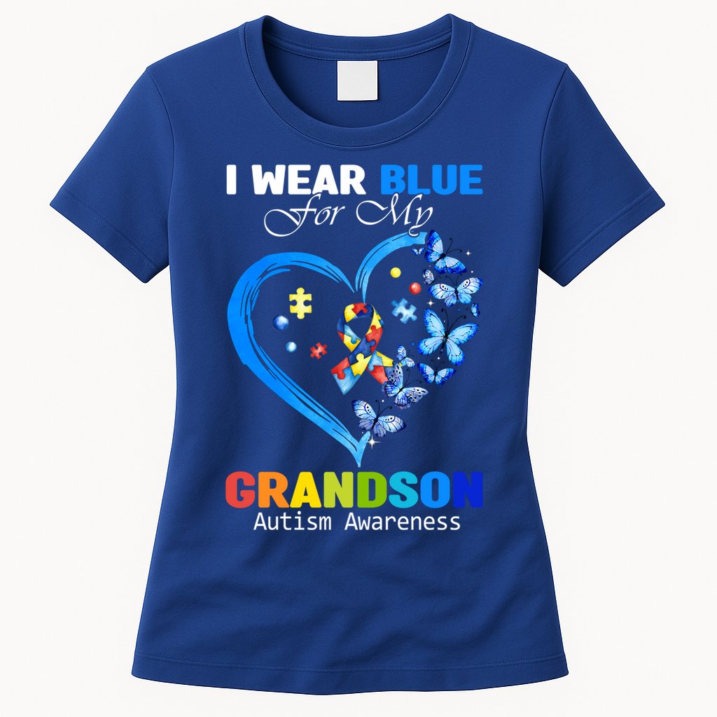 I Wear Blue For My Grandson Autism Awareness Heart Ribbon Gift Womens T-Shirt