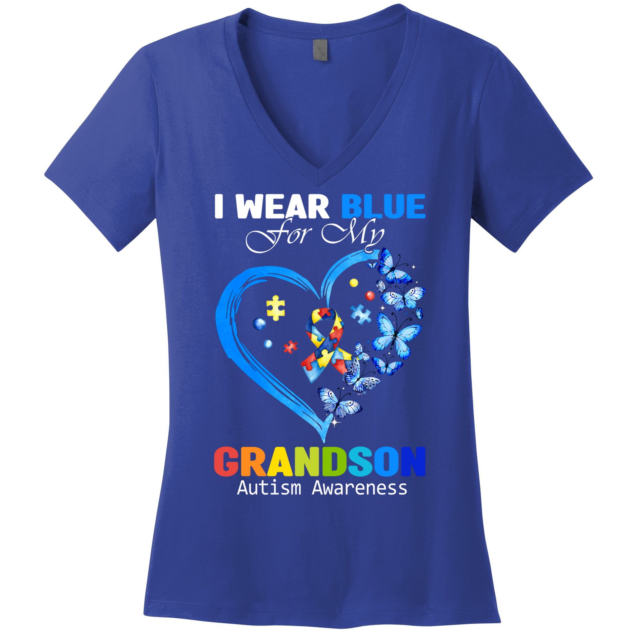 I Wear Blue For My Grandson Autism Awareness Heart Ribbon Gift Women's V-Neck T-Shirt