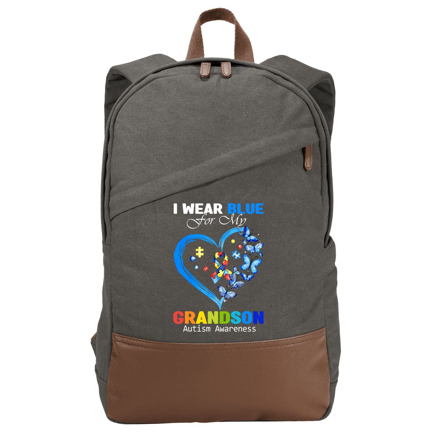 I Wear Blue For My Grandson Autism Awareness Heart Ribbon Gift Cotton Canvas Backpack