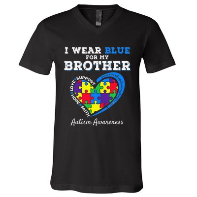 I Wear Blue For My Brother Autism Awareness Sister V-Neck T-Shirt