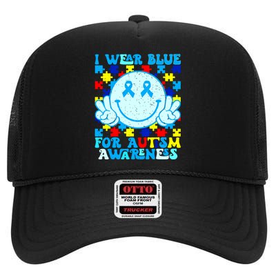 I Wear Blue For Autism Awareness Month Autism High Crown Mesh Back Trucker Hat