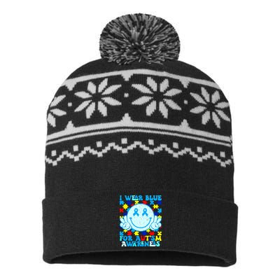 I Wear Blue For Autism Awareness Month Autism USA-Made Snowflake Beanie