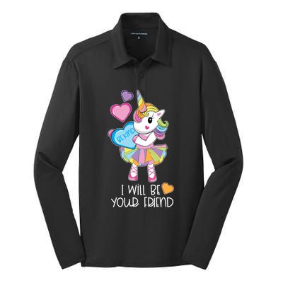 I Will Be Your Friend Unicorn Anti Bullying Back To School Gift Silk Touch Performance Long Sleeve Polo