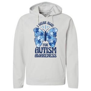 I Wear Blue For Autism Awareness Butterfly Performance Fleece Hoodie