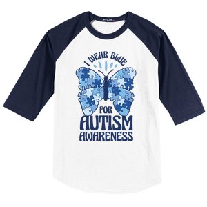 I Wear Blue For Autism Awareness Butterfly Baseball Sleeve Shirt