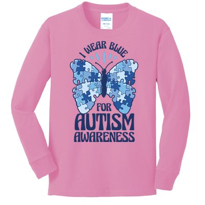 I Wear Blue For Autism Awareness Butterfly Kids Long Sleeve Shirt